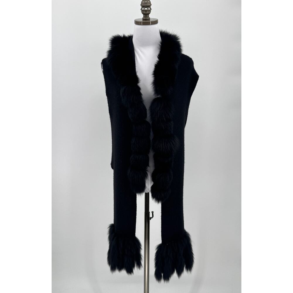 Vintage Black Pure Cashmere Fur Trim Long Sleeveless Sweater Vest